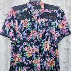 Vintage 70s Vanity Fair Nylon Satin Peignoir Robe Black Colorful Floral Print L